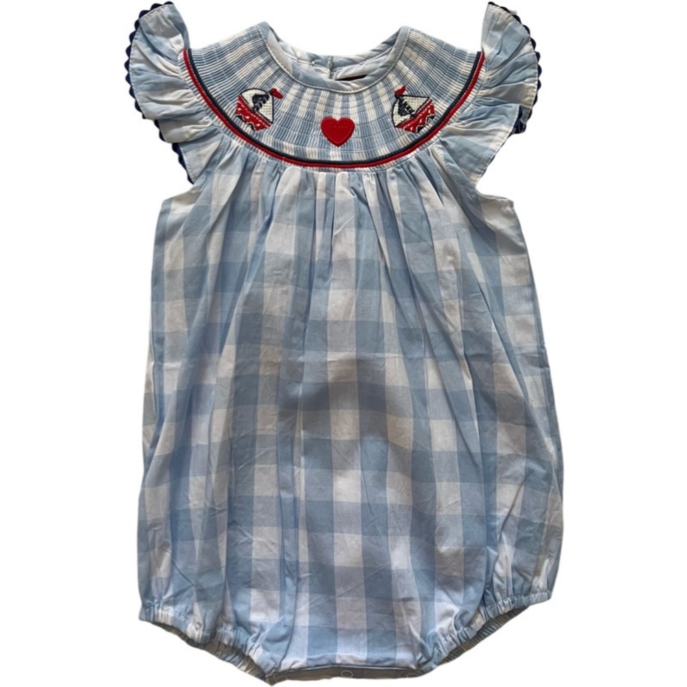 Lil Cactus 6-12 months blue and white with red smocking patriotic bishops bubble